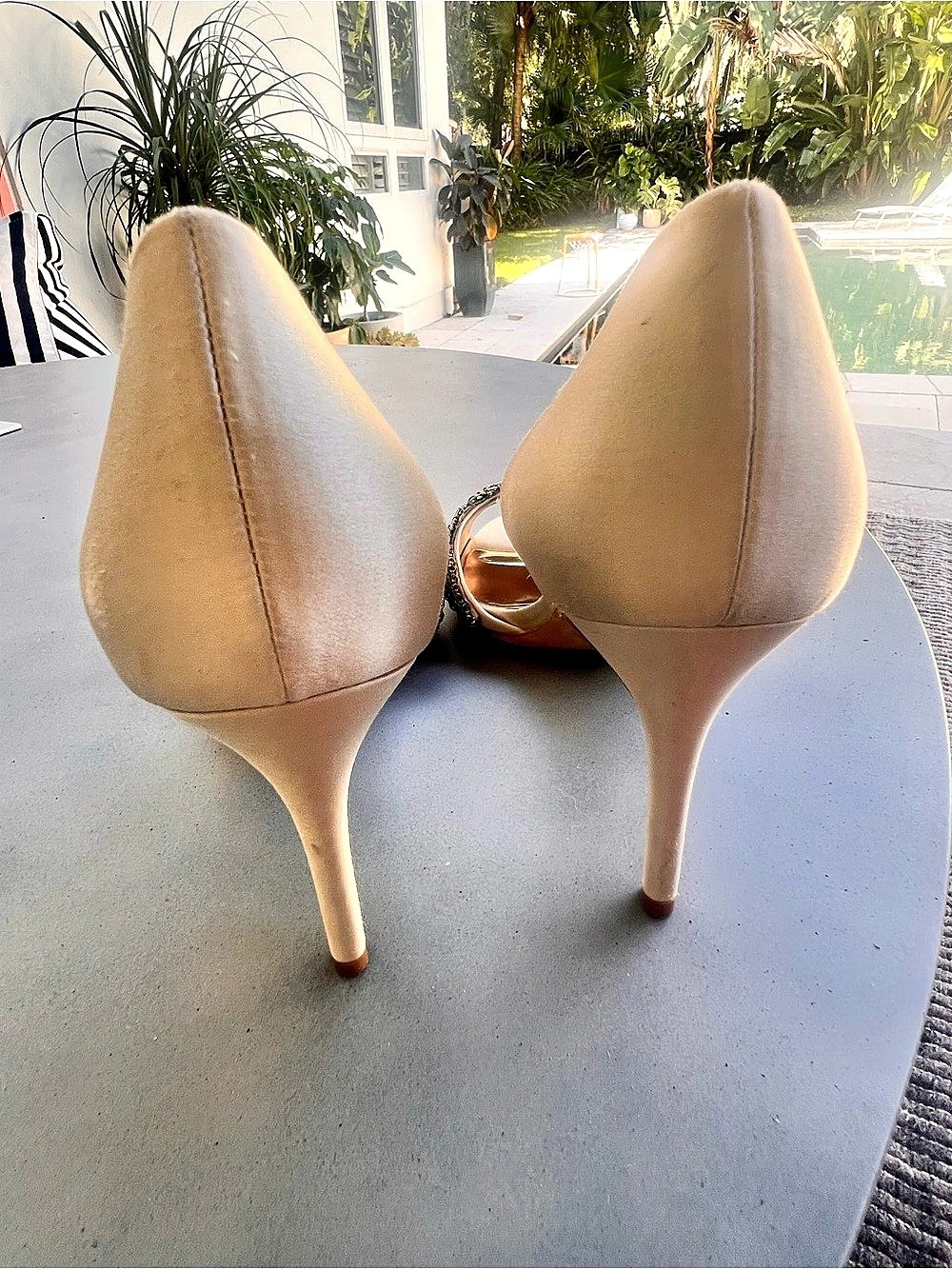 Badgley Mischka Kiara Embellished Peep-Toe Pumps in Beige & Silver - Picture 9 of 9